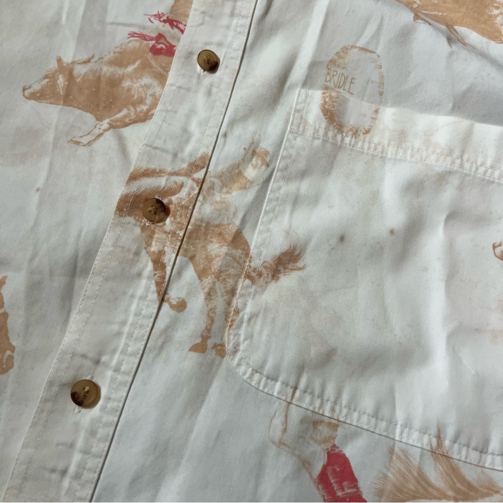 VINTAGE BIT & BRIDLE Western Cowboy Print Short Sleeve Shirt Large Rodeo Horse - Picture 6 of 14